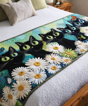 Moonlight Paws Quilted Bed Runner — Playful Cat Motif Decorative Scarf For Pet Lovers, Reversible Bedding Accent For King & Queen