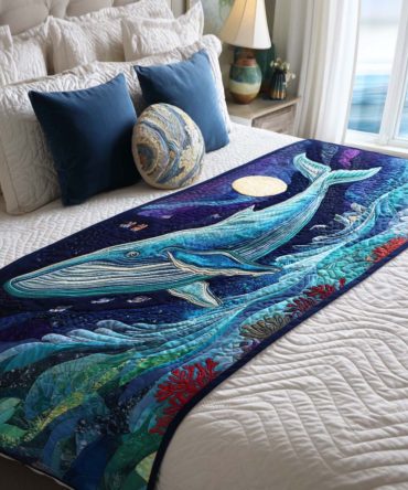 Moonlight Whale Quilted Bed Runner — Elegant Whale-Themed Bed Scarf For Stylish Coastal Bedrooms, Soft & Washable