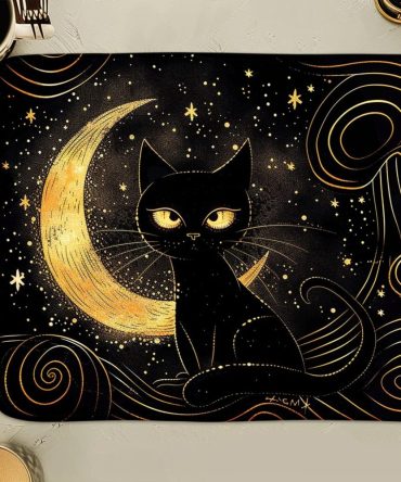 Moonlit Cat Serenade Quilted Table Placemat — Artistic Moon Cat Design, Padded Cotton, Easy-Care, Non-Slip, Ideal for Cat Enthusiasts
