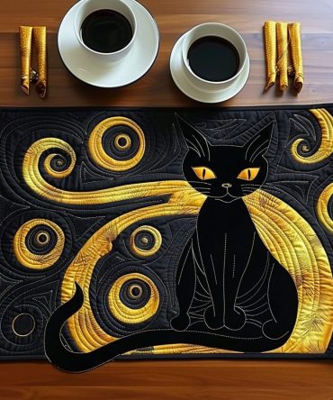 Moonlit Cat Table Placemat — Elegant Quilted Dinner Mat with Nightscape Feline Design, Reversible & Machine-Washable Fabric