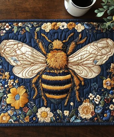 Midnight Moon Bee Quilted Dining Placemat - Elegant Dark Floral Table Mat for Modern Kitchen, Premium Cotton Blend