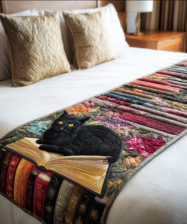 Moonlit Book Cat Quilted Bed Runner – Elegant Nighttime Cat Print Decorative Bed Scarf For Queen & King Bedrooms