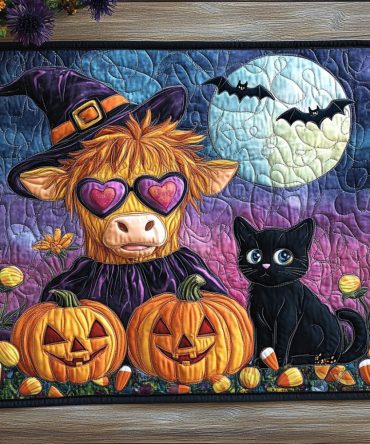 Moonlit Cow Magic Quilted Placemat — Moon & Cow Halloween Table Decor, Cozy Farmhouse Cotton Mat for Spooky Dinners — Machine Washable & Gift-Ready