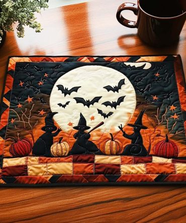 Moonlit Magic Quilted Placemat — Mystical Night Sky Table Mat with Metallic Thread Accents, Protective Backing, Perfect for Evening Dinners