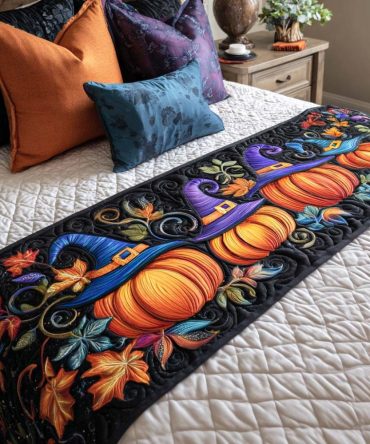 Moonlit Night Quilted Bed Scarf — Elegant Midnight Floral Bed Runner, Soft Quilted Accent For Romantic Bedroom Styling, Reversible & Versatile