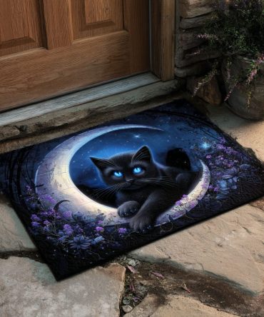 Moonlit Prowler Night Cat Mat — Elegant Moon & Prowling Cat Doormat For Mysterious Doorways, Weather-Resistant, Non-Slip Design