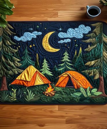 Moonlit Tents Quilted Camping Placemat - Outdoor Picnic Table Protector, Quilted Travel-Friendly Mat for Rustic Dining & Evening Gatherings