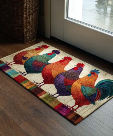 Morning Choir Porch Mat — Cheerful Rooster & Bird Welcome Doormat, Weatherproof Textured Surface, Non-Skid Backing For Entrances
