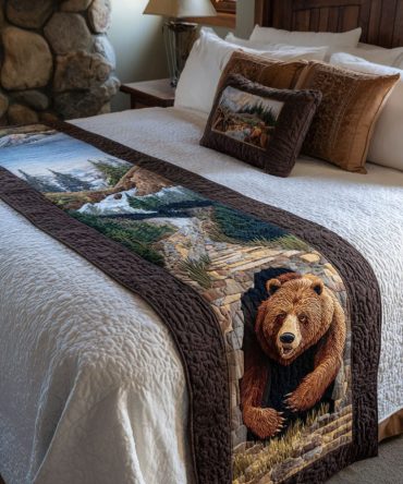 Morning Mist Bear Quilted Bed Runner — Misty Forest Bear Lodge Cotton Throw For Bed & Cabin , Rustic, Reversible, Easy-Care Accent