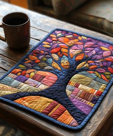 Mosaic Tree of Books Quilted Placemat — Artistic Patchwork Book-Tree Design on Quilted Cotton, Durable & Machine-Washable for Creative Tables