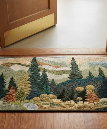 Mountain Pines Entry Doormat — Scenic Cabin Welcome Mat, Durable Outdoor Front Door Rug, Rustic Pine Tree Design For Cozy Homes