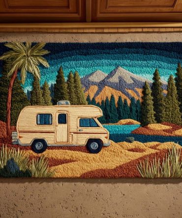 Mountain Camper Welcome Mat — Adventure Cabin Doormat With Camper & Mountain Scene, Durable Outdoor/Indoor Front Door Rug With Non-Slip Backing