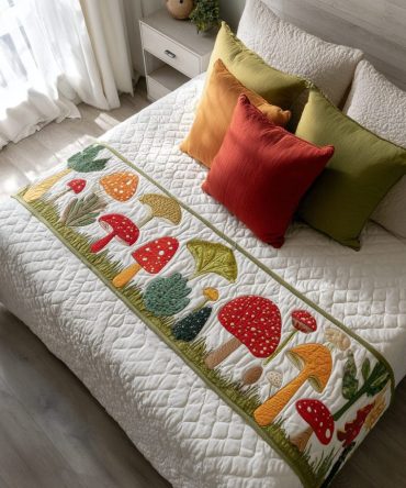 Mushroom Dream Quilted Bed Runner - Enchanted Botanical Bedding Accent, Soft Stitched Runner For Cozy Dreamy Interiors