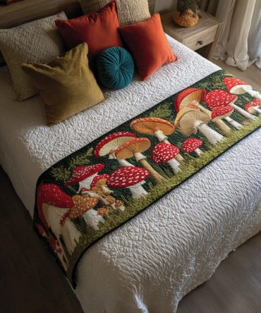 Mushroom Field Quilted Bed Scarf - Whimsical Botanical Runner, Soft Quilted Accent For Cozy Cottage & Bohemian Bedrooms