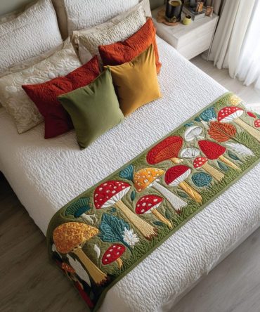 Mushroom Garden Quilted Bed Runner - Nature-Inspired Bedding Accent, Soft Stitched Runner For Organic & Cozy Bedroom Styling