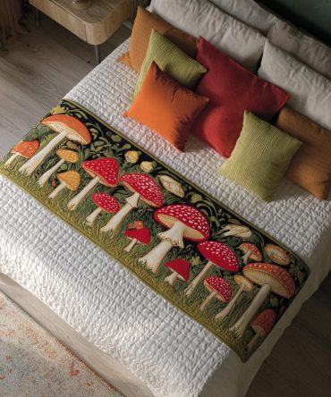Mushroom Light Quilted Bed Runner - Whimsical Fungi Motif Bed Scarf For Cottagecore & Boho Bedrooms, Soft Quilting, Easy Care Fabric