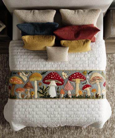 Mushroom Meadow Quilted Bed Scarf - Charming Forest Motif Runner, Soft Quilted Accent For Rustic, Cottage Or Boho Bedrooms