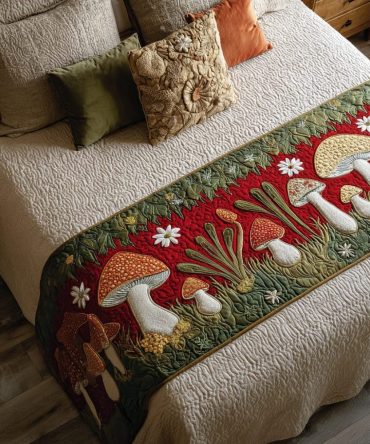 Boho Mushroom Path Quilted Bed Runner - Forest-Inspired Bedding Accent, Soft Stitched Runner For Rustic & Cottagecore Bedrooms