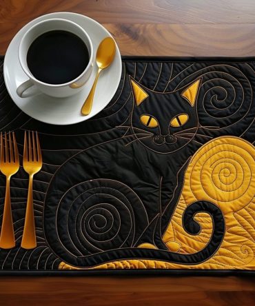 Mystic Black Cat Quilted Table Placemat — Bold Black Cat Motif, Cotton-Quilted, Heat-Tolerant, Non-Slip Backing, Machine Washable