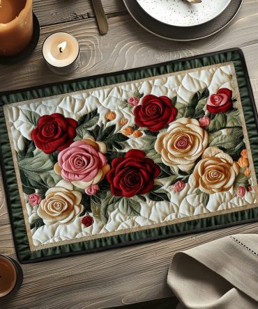 Mystic Rose Quilted Placemat — Romantic Vintage Floral Table Accent, Soft Quilting, Durable Cotton-Blend, Machine Washable, Ideal Gift For Home & Entertaining