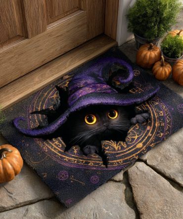 Mystic Black Cat Halloween Doormat — Spooky Elegant Feline Welcome Mat With Moonlit Design, Durable Indoor/Outdoor Rug With Non-Slip Backing