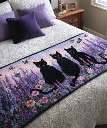 Mystic Cats Quilted Bed Runner — Boho Feline Design With Rich Quilting, Decorative Bed Scarf For Cat Lovers, Reversible & Easy Care