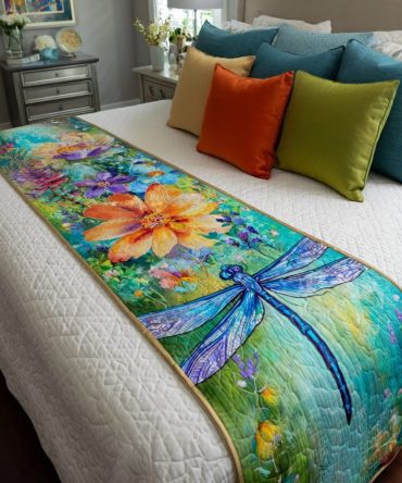 Mystic Dragonfly Quilted Bed Runner — Boho Garden Bed Scarf With Delicate Wings Motif, Hand-Quilted Cotton Accent For Serene Bedrooms