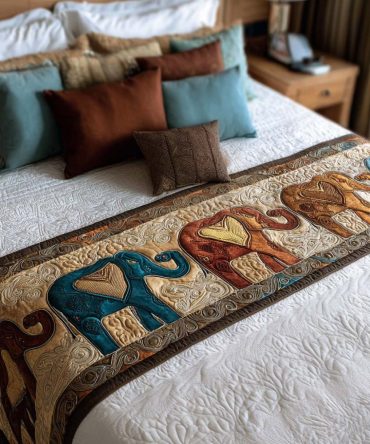 Mystic Elephant Quilted Bed Runner — Bohemian Cotton Bed Scarf With Ethnic Prints For Queen & King Beds, Reversible Global-Style Bedroom Accent