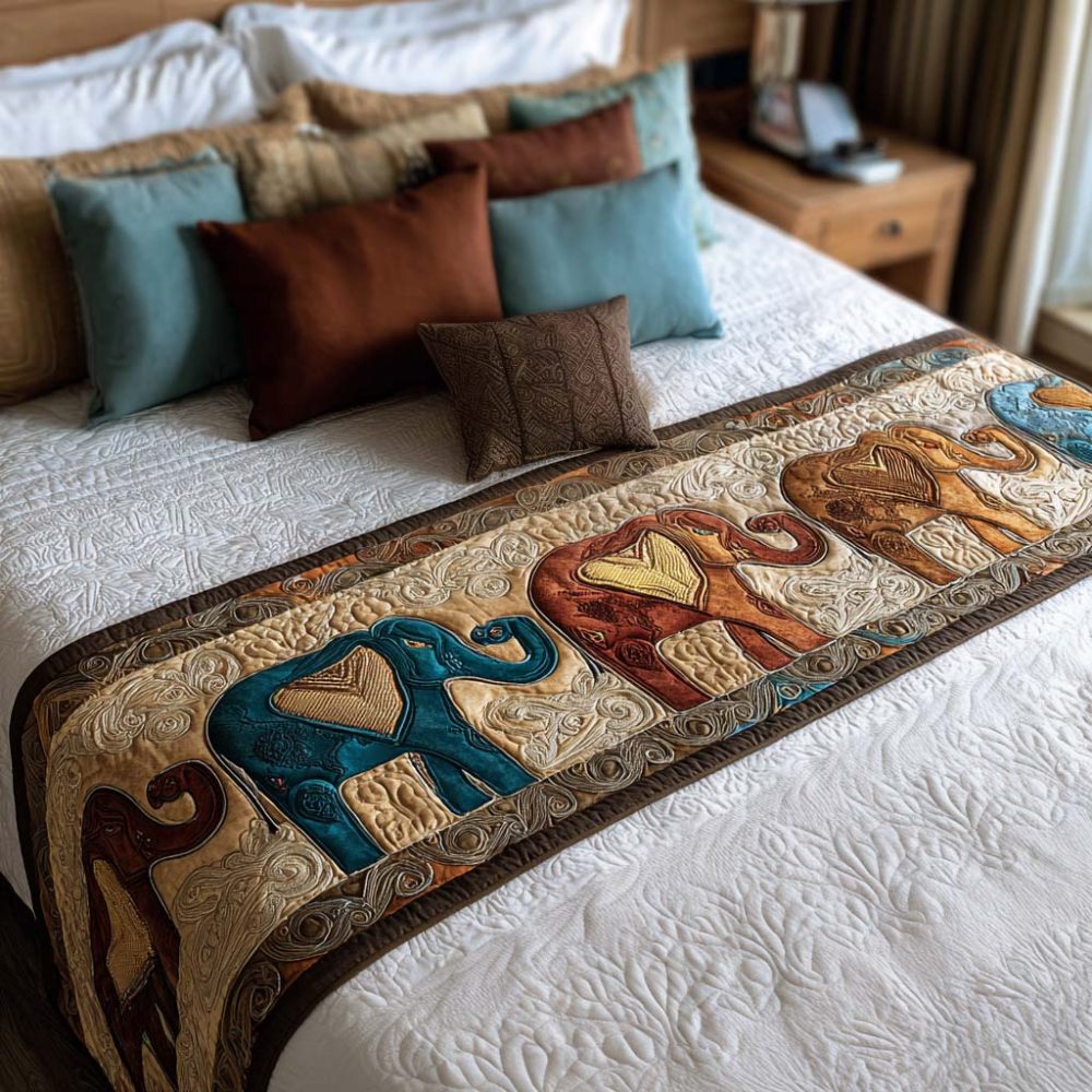 Mystic Elephant Quilted Bed Runner — Bohemian Cotton Bed Scarf With Ethnic Prints For Queen & King Beds, Reversible Global-Style Bedroom Accent