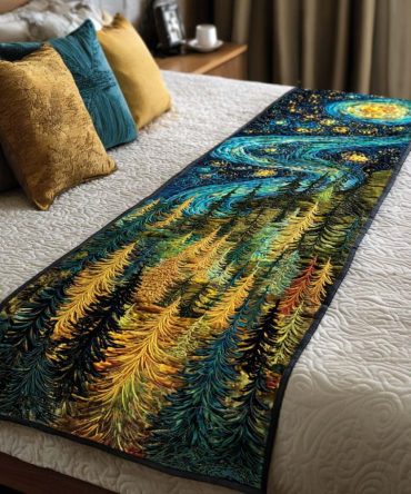 Mystic Forest Sky Artisan Quilted Bed Runner — Moody Forest-Inspired Print, Premium Cotton Bed Scarf For Rustic Or Boho Bedrooms, Reversible