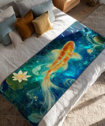 Mystic Koi Embroidered Quilted Runner — Mystical Koi Fish Design, Premium Cotton Decorative Bed Runner For Tranquil Home Styling
