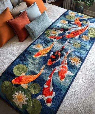 Mystic Koi Quilted Decorative Bed Runner — Luxurious Reversible Accent For King, Queen & Twin Beds, Soft Textured Finish