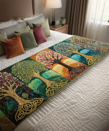 Mystic Trees Quilted Bed Runner — Deep-Tone Woodland Cotton Throw For Moody, Elegant Bedroom Styling On Queen & King Beds