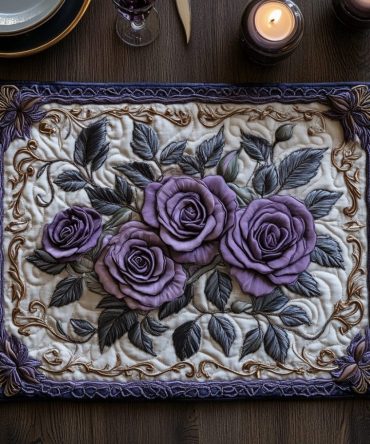 Mystic Violet Rose Quilted Placemat - Deep Violet Rose Pattern, Soft Cotton, Stain-Resistant Finish for Romantic Table Settings