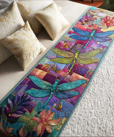 Mystic Wing Bloom Quilted Bed Runner – Ornate Wing & Bloom Design Decorative Bed Scarf For Romantic & Boho Bedrooms