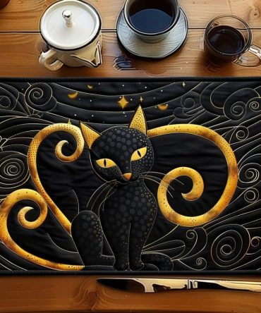 Enchanting Moon Cat Quilted Table Placemat — Magical Lunar Cat Kitchen Décor, Cotton Padded, Machine Washable, Non-Slip