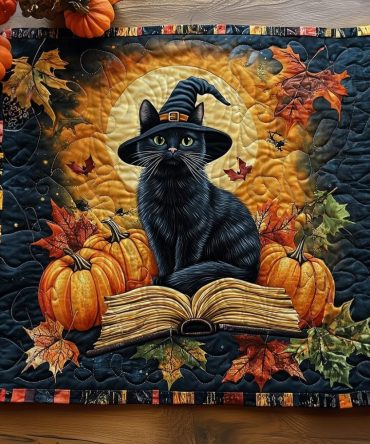 Mystical Cat Quilted Placemat - Witchy Black Cat Table Protector, Insulated Cotton-Blend Mat for Halloween & Everyday Decor