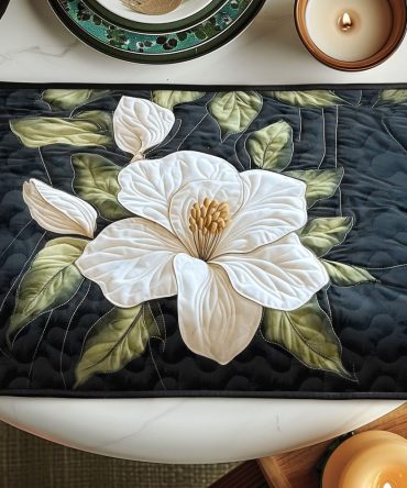 Magnolia Bloom Quilted Placemat - Large Floral Table Mat, Reversible Cotton, Padded Protection, Machine Washable, Elegant Dining Accent