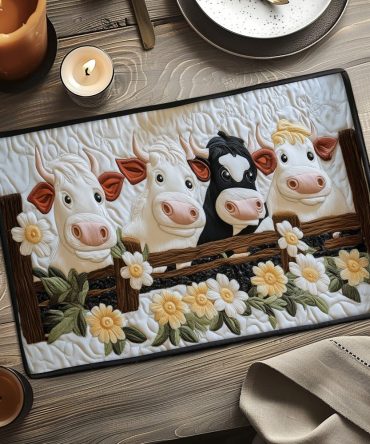 Meadow Moo Quilted Placemat — Charming Cow Farmhouse Table Mat, Quilted Cotton Blend, Stain-Resistant Look, Easy-Care for Rustic Kitchens