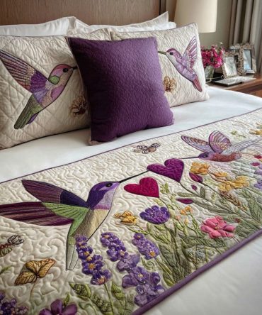 Botanical Quilted Bed Runner With Nature Motifs - Elegant Decorative Bed Scarf, Reversible Cotton Blend, Lightweight Accent For Tranquil Bedrooms