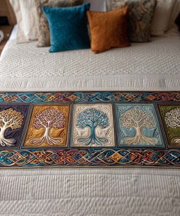 Nature Embrace Quilted Bed Runner — Earth-Toned Cotton Throw With Leaf Motif, Sustainable Accent For Serene Bedrooms