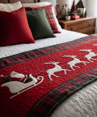 Nine Prancers Quilted Bed Scarf - Festive Reindeer Runner For Holiday Bedding, Cozy Decorative Accent With Stitched Detail