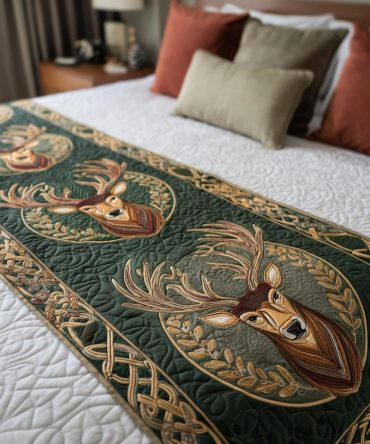 Noble Crest Quilted Bed Runner — Elegant Crest-Pattern Decorative Bed Scarf For Upscale Bedrooms, Soft Polyester Fill, Easy Care