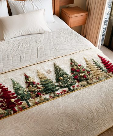Noel Forest Holiday Quilted Bed Scarf — Festive Christmas Bedding Accent For Queen & King Beds, Plush Durable Finish