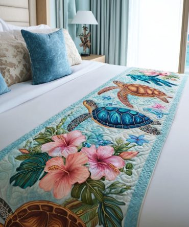 Nomadic Shell Quilted Bed Runner - Coastal-Boho Bed Scarf With Shell Motifs, Lightweight Cotton Layer For Queen & King Beds