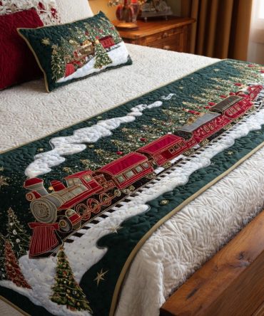 Northbound Train Quilted Bed Runner — Nostalgic Train-Themed Bed Scarf For Kids & Travel Rooms, Soft Quilted Cotton, Durable