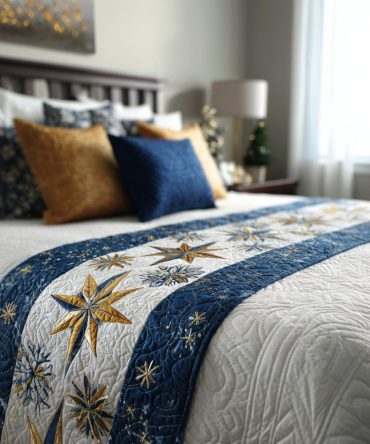 Northern Star Trail Quilted Holiday Bed Scarf — Star Motif Christmas Runner, Reversible Quilted Bedding Accent For Elegant Seasonal Style