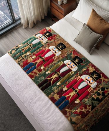 Nutcracker Magic Quilted Bed Runner - Charming Holiday Soldier Design, Plush Quilted Throw For Foot Of Bed, Stylish Christmas Bedding Accent
