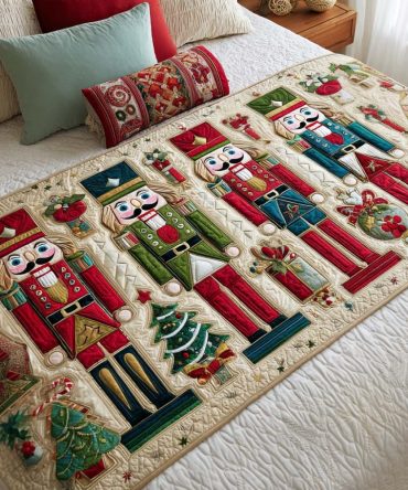 Nutcracker Holiday Quilted Bed Scarf - Classic Christmas Bed Runner With Nutcracker & Toy Soldier Design, Seasonal Gift Piece