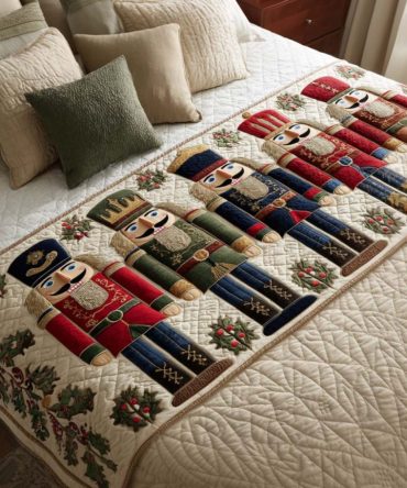 Nutcracker Parade Quilted Bed Runner — Whimsical Holiday Decorative Bed Scarf For Christmas Bedrooms, Reversible Festive Accent